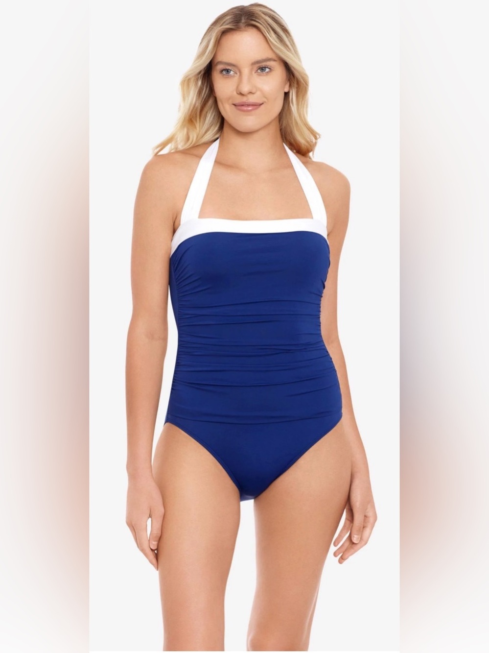 Lauren Ralph Lauren Shirred Bandeau One-Piece Swimsuit Blue/White Size 14
